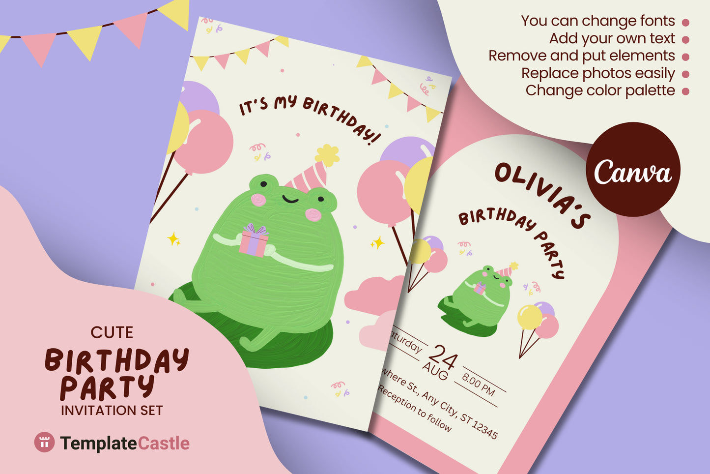 Green Frog Birthday Party Invitation Frog RSVP Card Template Editable Canva Frog Birthday Invitation Cute Frog Birthday Template