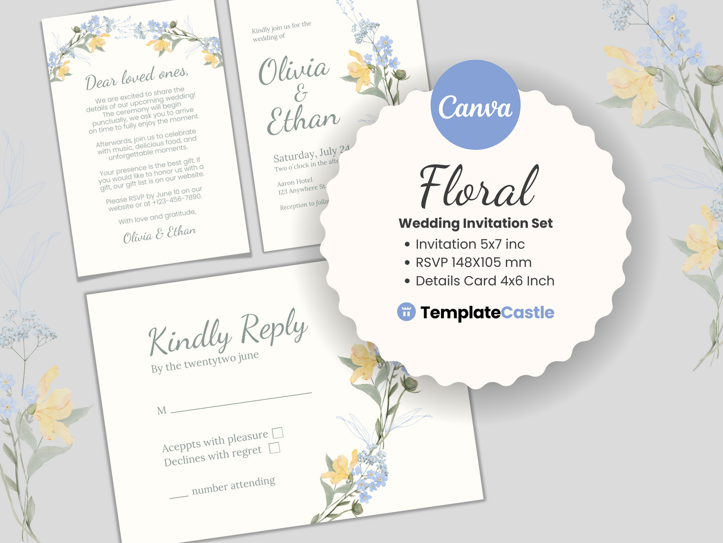 Floral Wedding Invitation Set, RSVP Card and Details Card