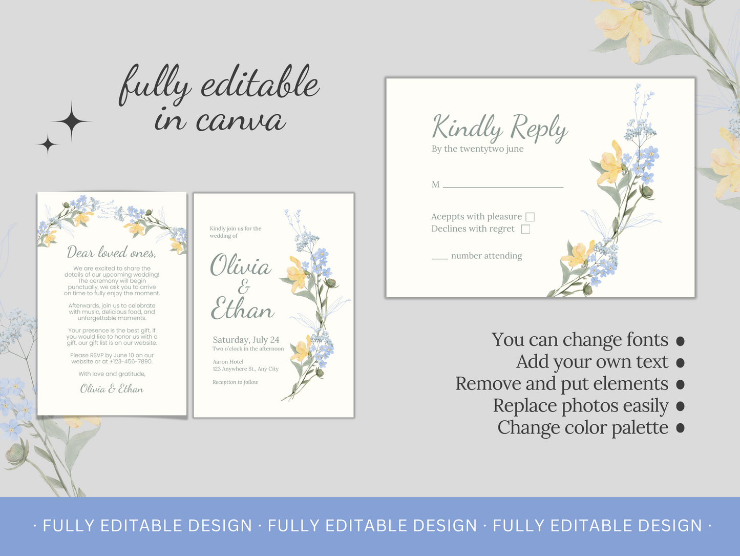 Floral Wedding Invitation Set, RSVP Card and Details Card