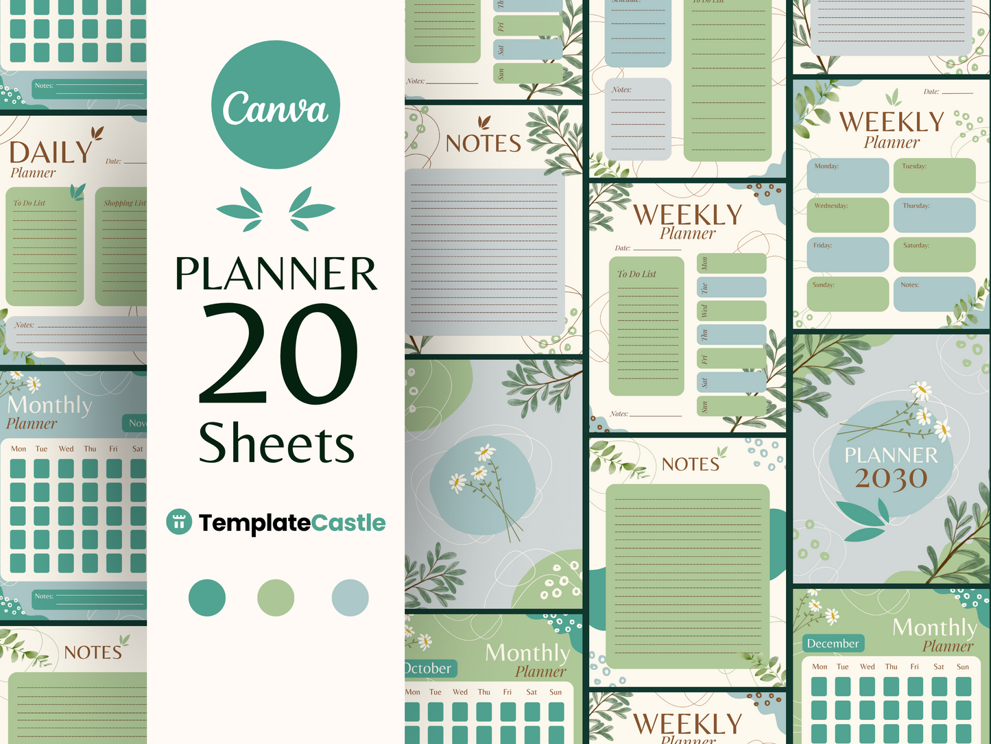 20 Botanical Planner Canva Template Set - 20 Elegant Sheets