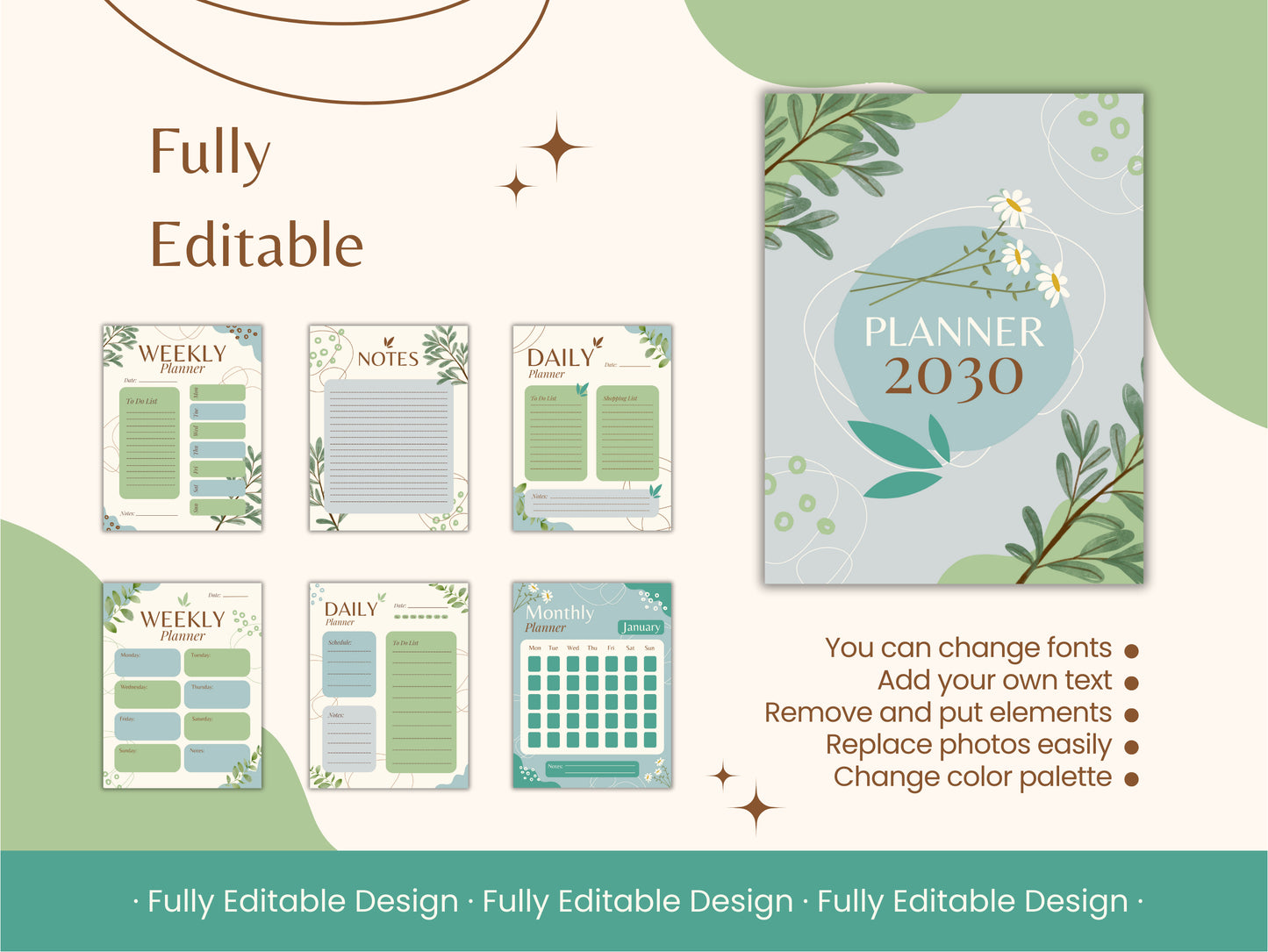 20 Botanical Planner Canva Template Set - 20 Elegant Sheets