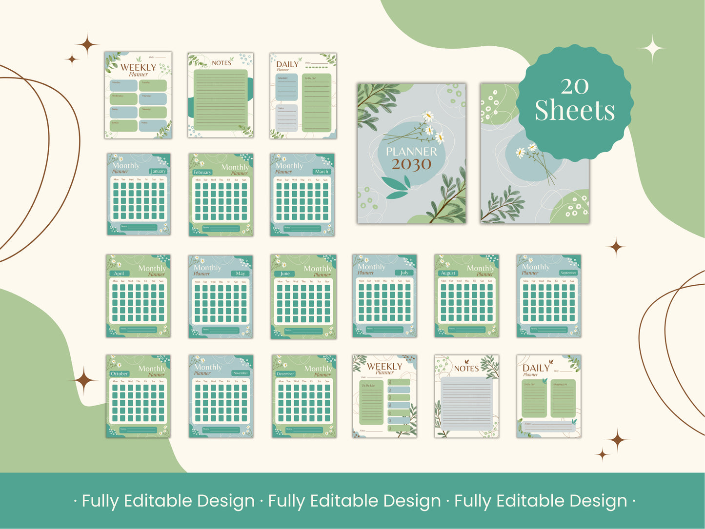 20 Botanical Planner Canva Template Set - 20 Elegant Sheets