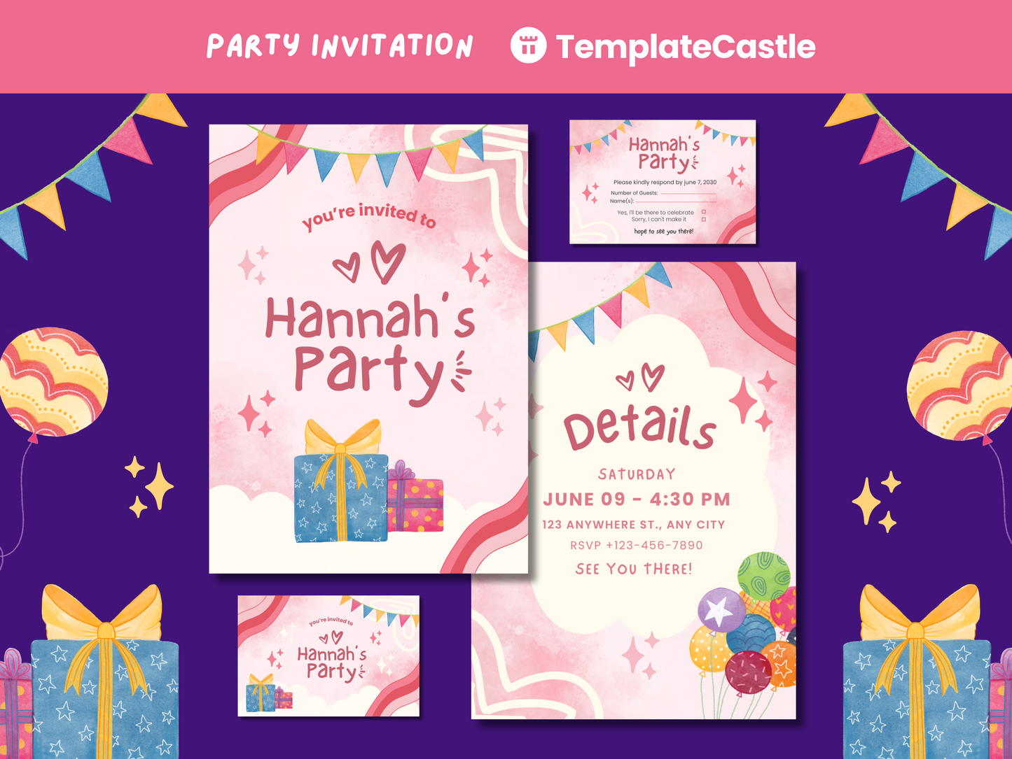 Charming Canva Birthday Party Invitation Templates Set - Customizable, Instant Download, Easy Edit & Print