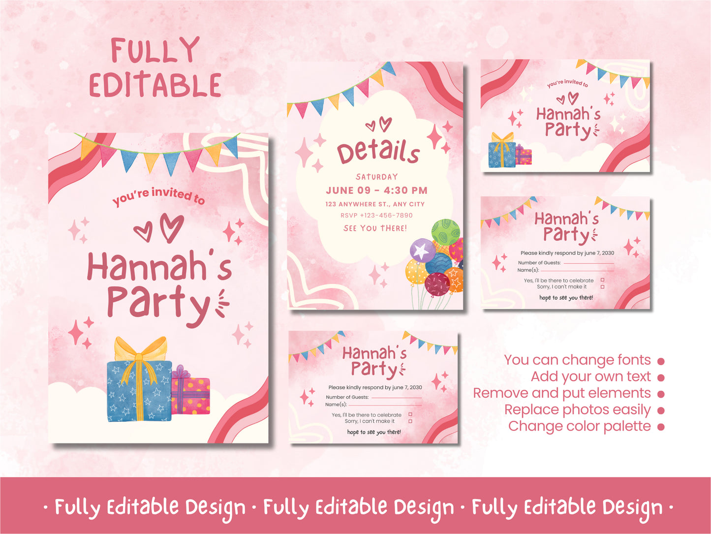 Charming Canva Birthday Party Invitation Templates Set - Customizable, Instant Download, Easy Edit & Print