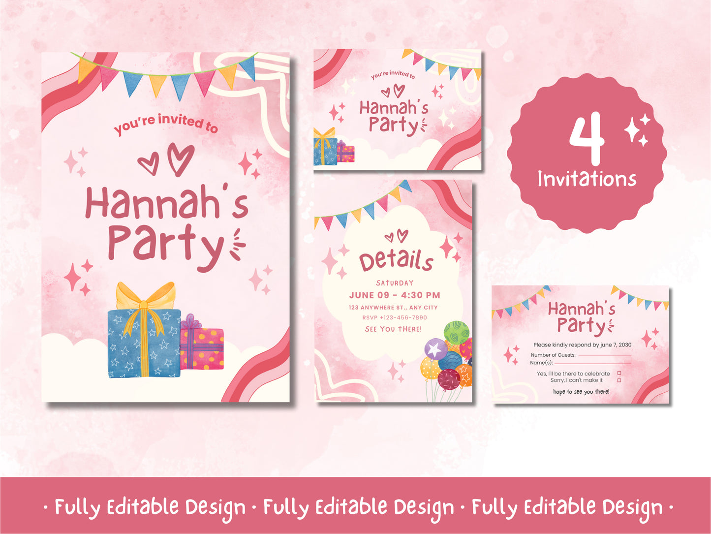 Charming Canva Birthday Party Invitation Templates Set - Customizable, Instant Download, Easy Edit & Print
