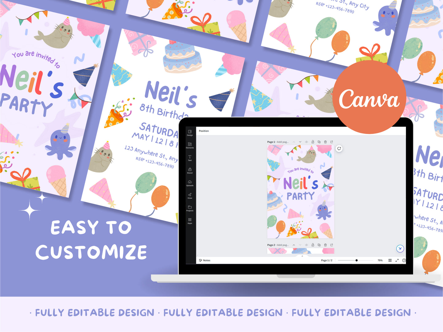 Birthday Party Canva Invitation Templates Fully Editable Canva Templates Festive Kids Playful Cards Happy Birthday Invitation Card
