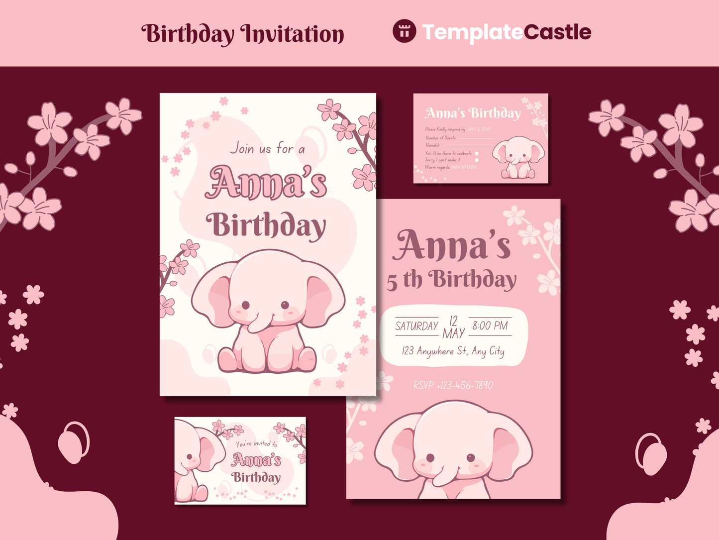 Birthday Party Canva Invitation Templates Fully Editable Canva Templates Pink Elephant Happy Birthday Cards