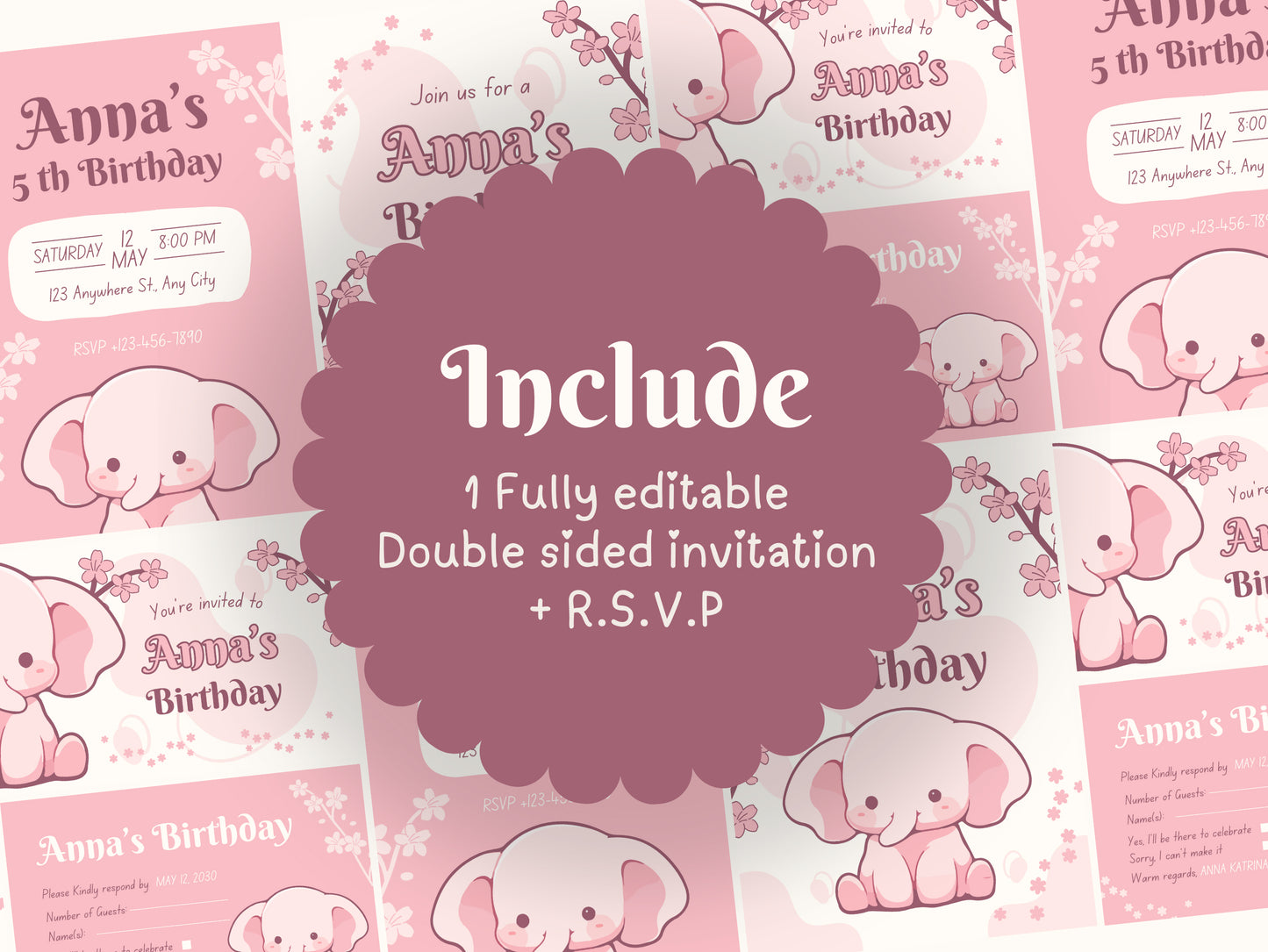 Birthday Party Canva Invitation Templates Fully Editable Canva Templates Pink Elephant Happy Birthday Cards