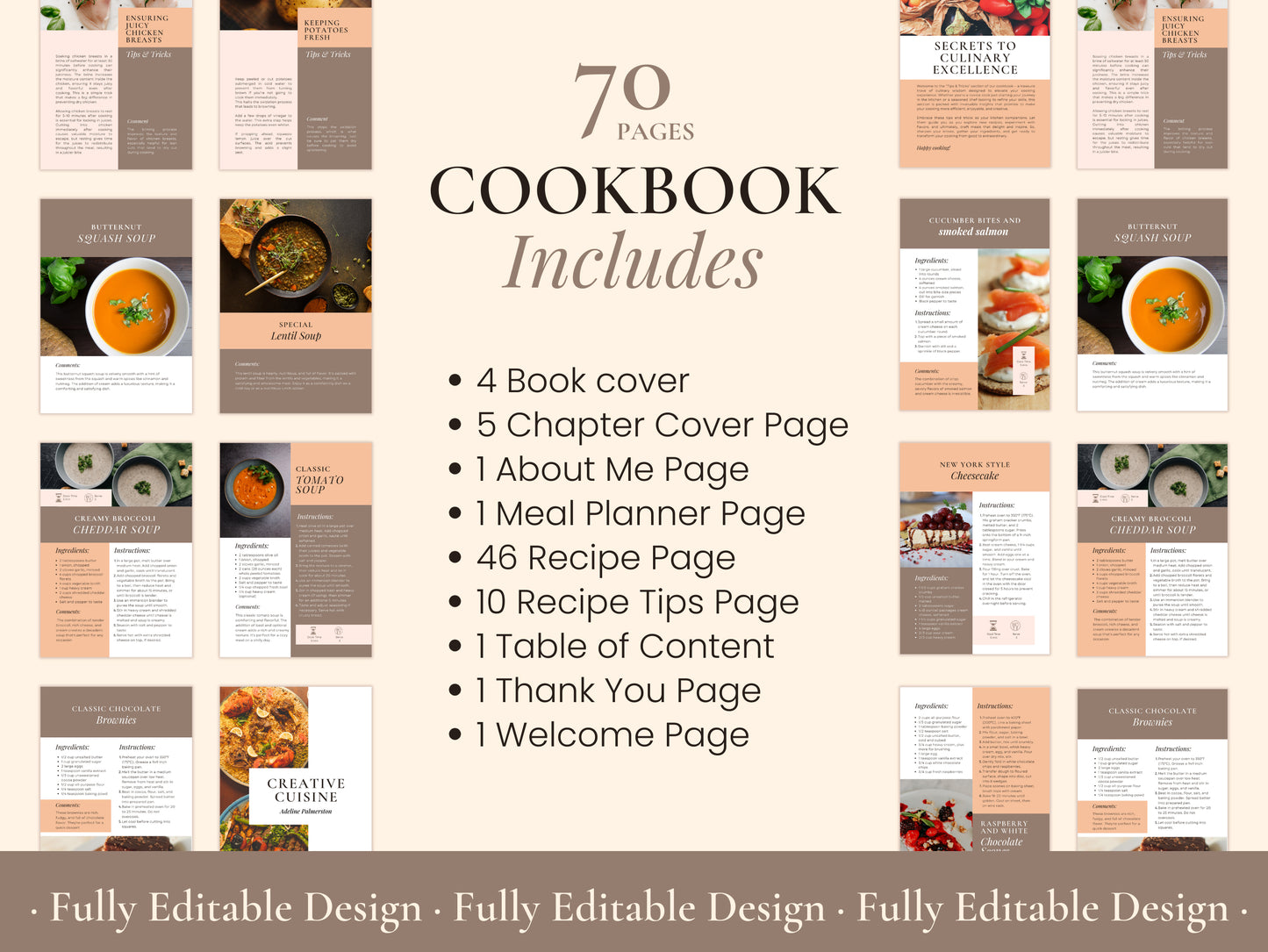 70 Pages Cookbook Template Editable Canva Social Media Post Food Bloggers Creative Recipe Book Organizer