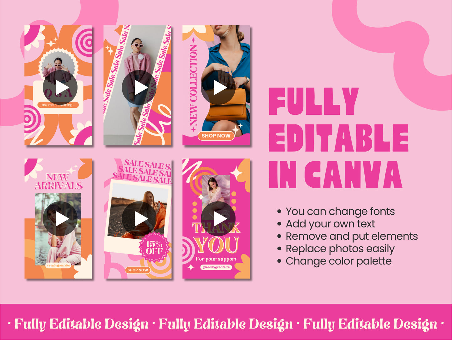 30 Animated Instagram Stories Canva Templates Giveaways Post Social Media Templates IG Stories Engagement Pastel Pink