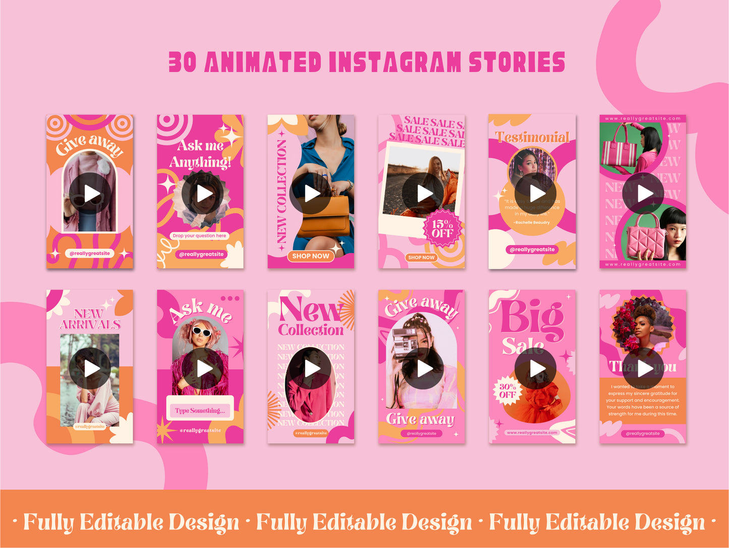 30 Animated Instagram Stories Canva Templates Giveaways Post Social Media Templates IG Stories Engagement Pastel Pink