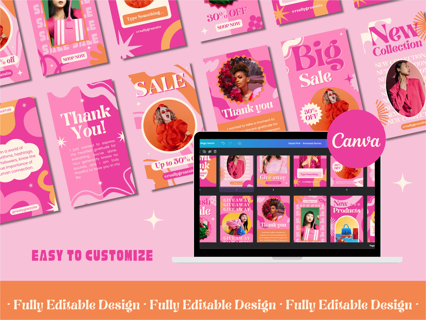 30 Animated Instagram Stories Canva Templates Giveaways Post Social Media Templates IG Stories Engagement Pastel Pink