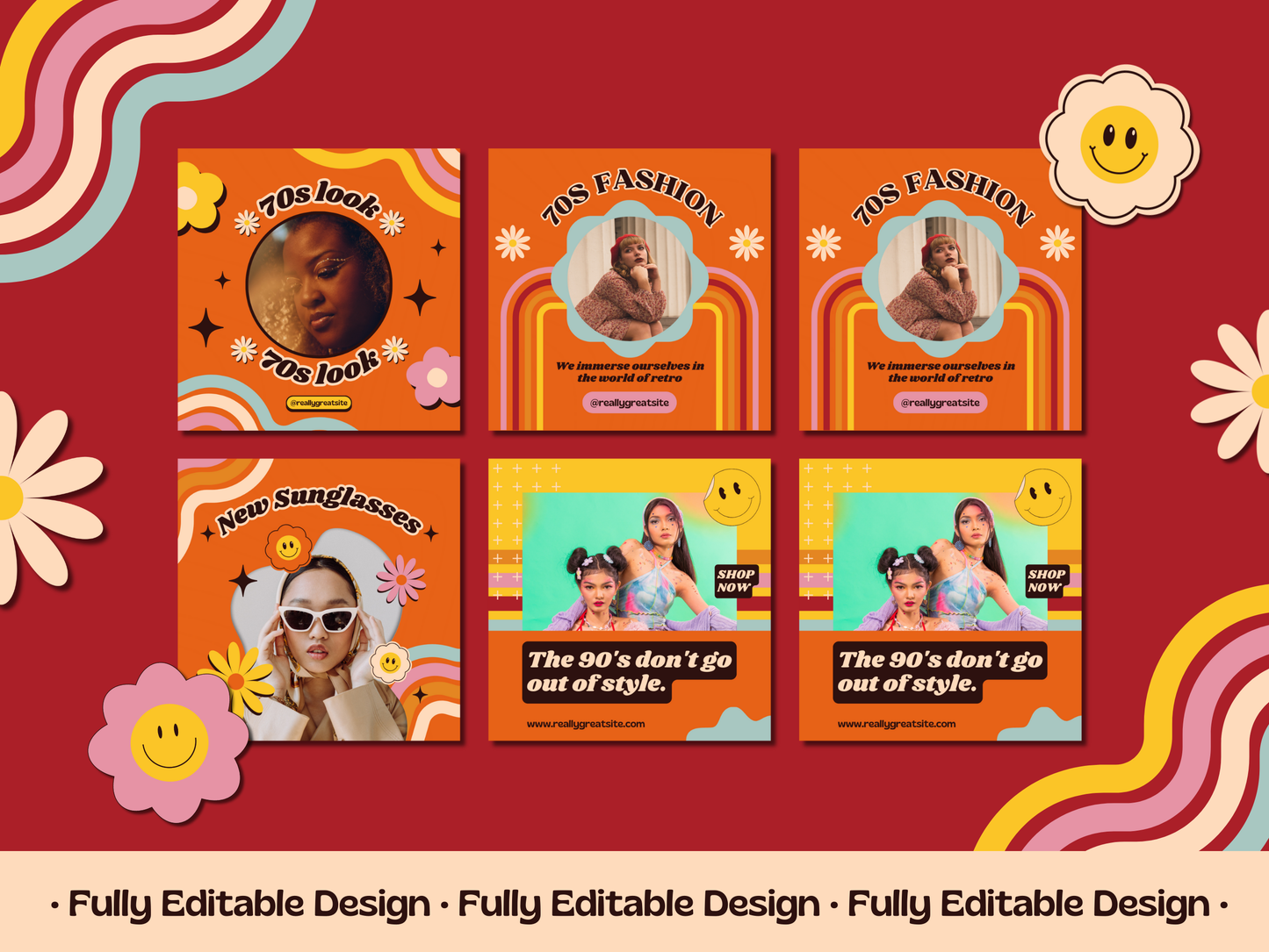 300 Retro Post Templates 70's Canva Editable Templates Social Media Pack Instagram groovy Posts IG Retro Posts Canva