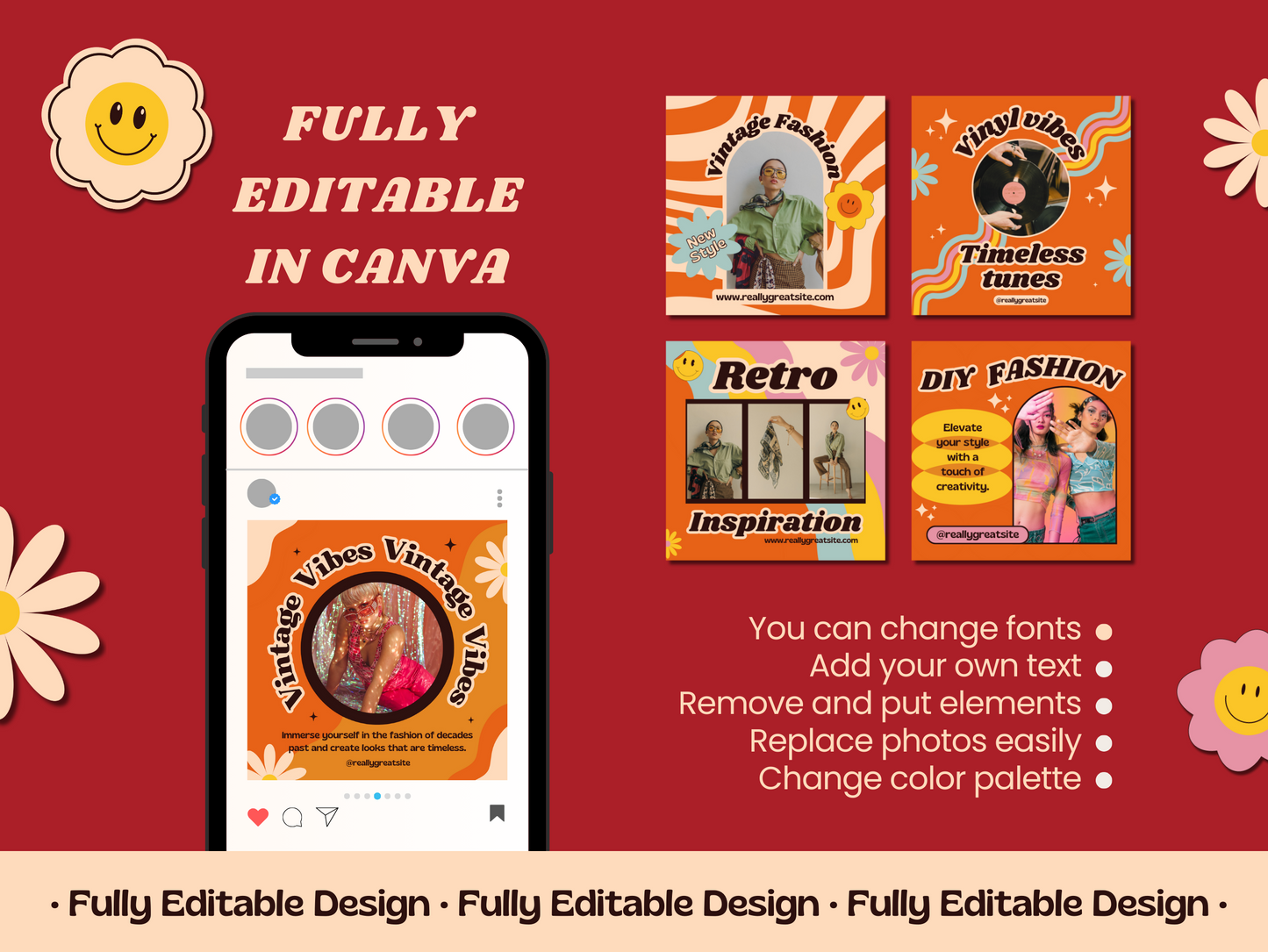 300 Retro Post Templates 70's Canva Editable Templates Social Media Pack Instagram groovy Posts IG Retro Posts Canva