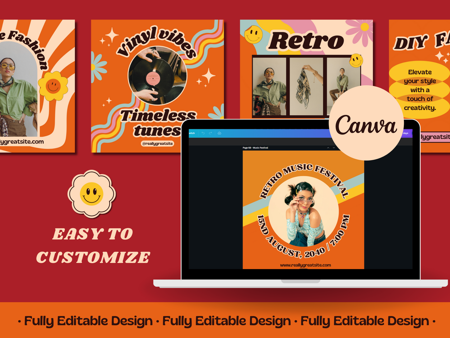 300 Retro Post Templates 70's Canva Editable Templates Social Media Pack Instagram groovy Posts IG Retro Posts Canva