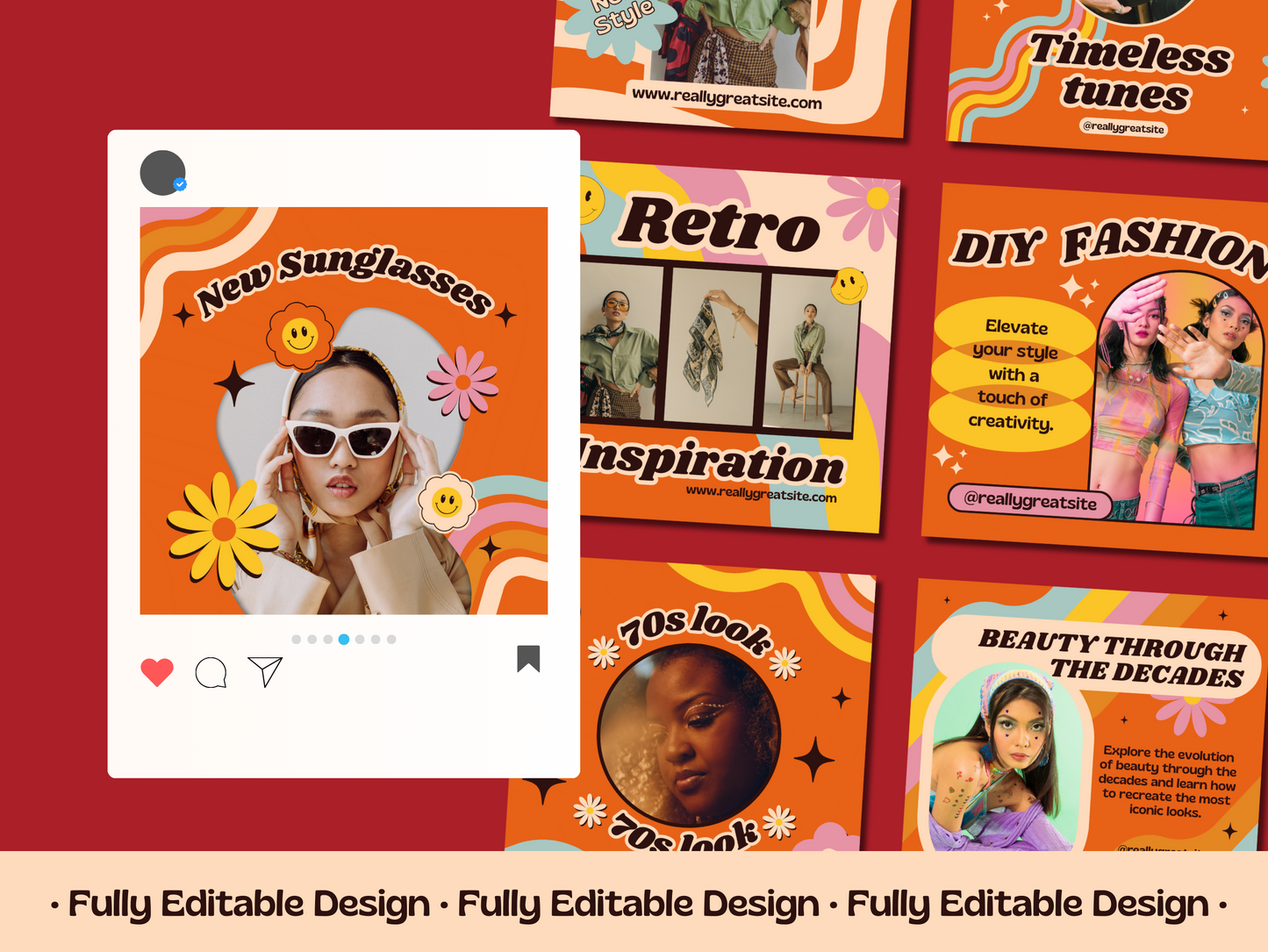 300 Retro Post Templates 70's Canva Editable Templates Social Media Pack Instagram groovy Posts IG Retro Posts Canva