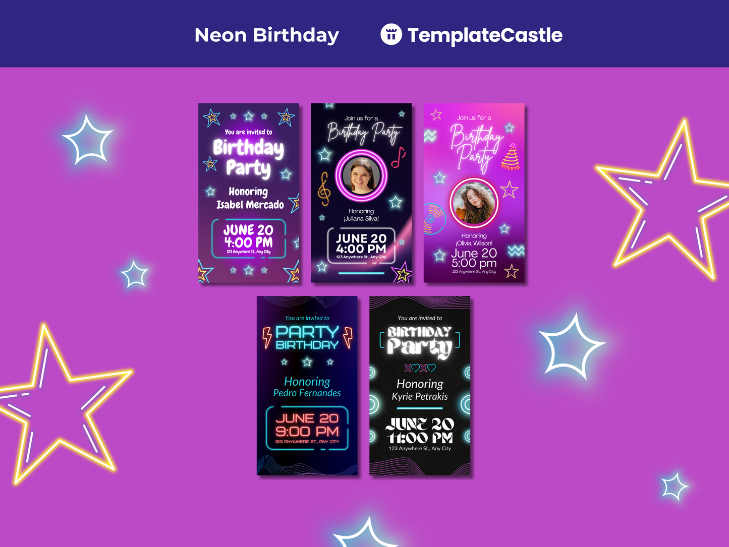 Neon Birthday Party Instagram Story Templates Canva Editable Birthday Animated Invitations Social Media Birthday Party Celebration Template