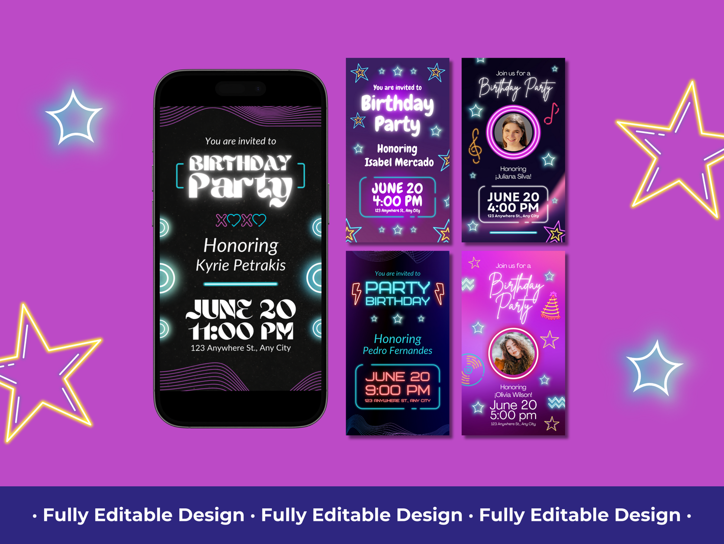Neon Birthday Party Instagram Story Templates Canva Editable Birthday Animated Invitations Social Media Birthday Party Celebration Template