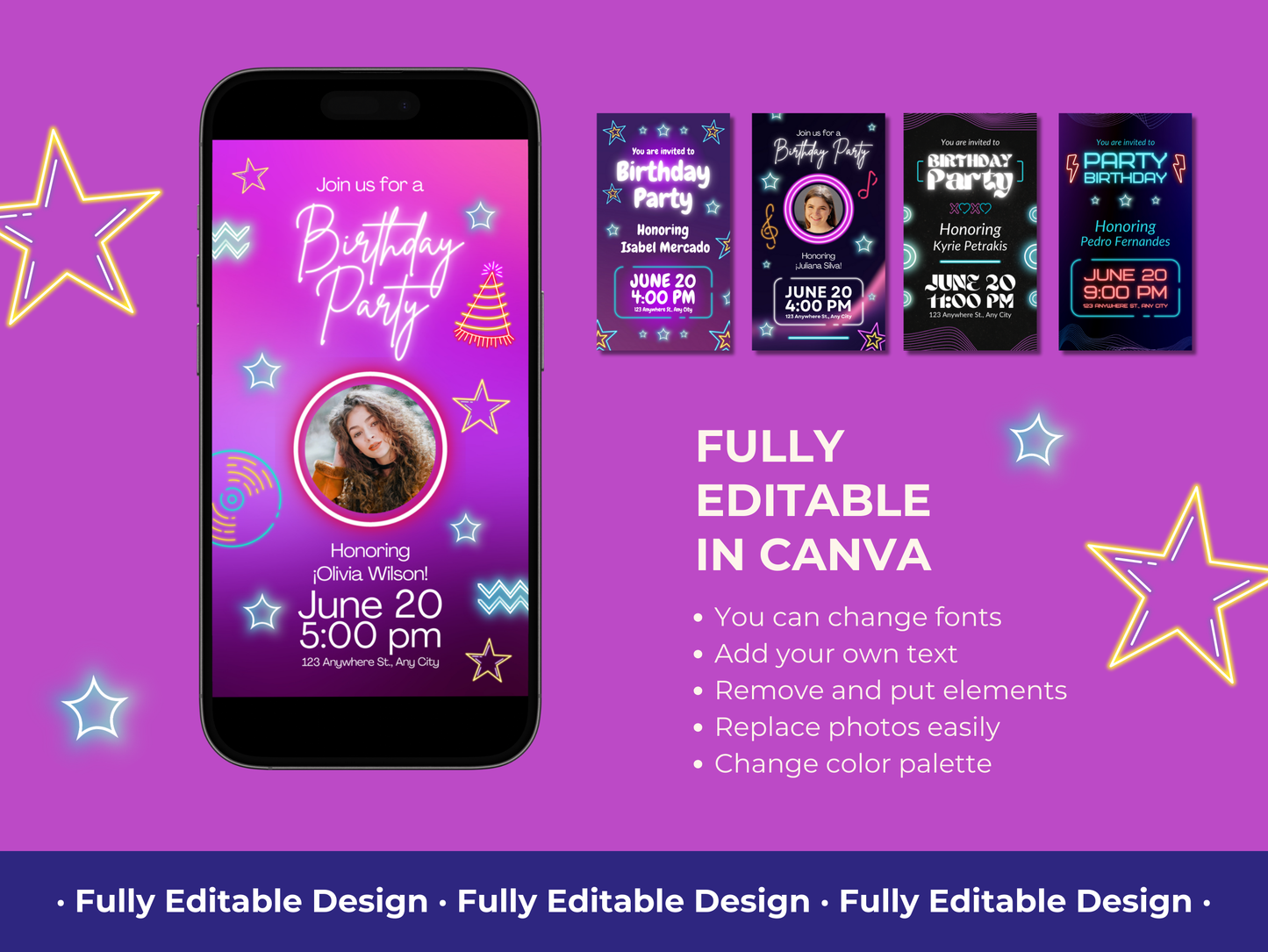 Neon Birthday Party Instagram Story Templates Canva Editable Birthday Animated Invitations Social Media Birthday Party Celebration Template