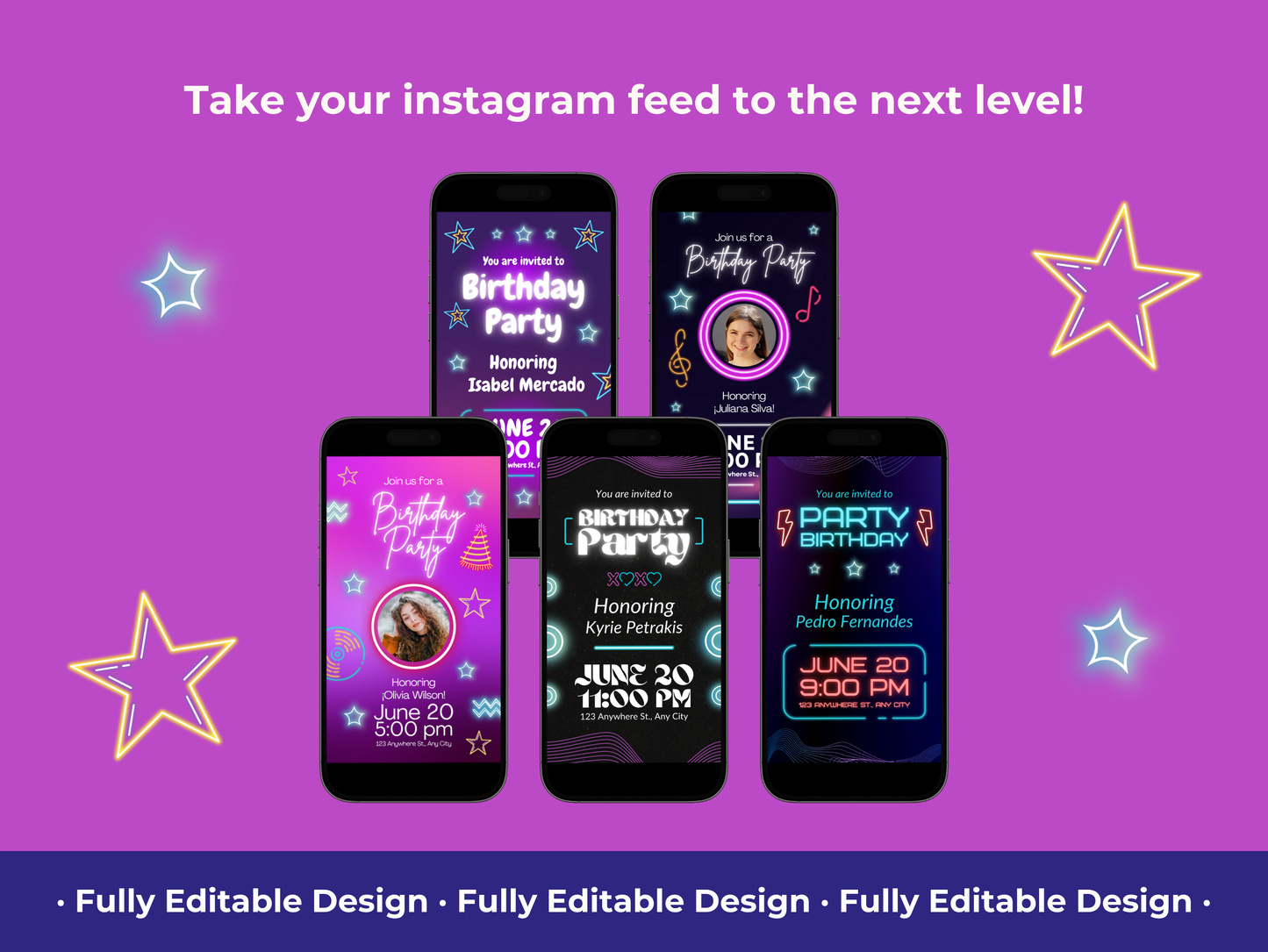 Neon Birthday Party Instagram Story Templates Canva Editable Birthday Animated Invitations Social Media Birthday Party Celebration Template