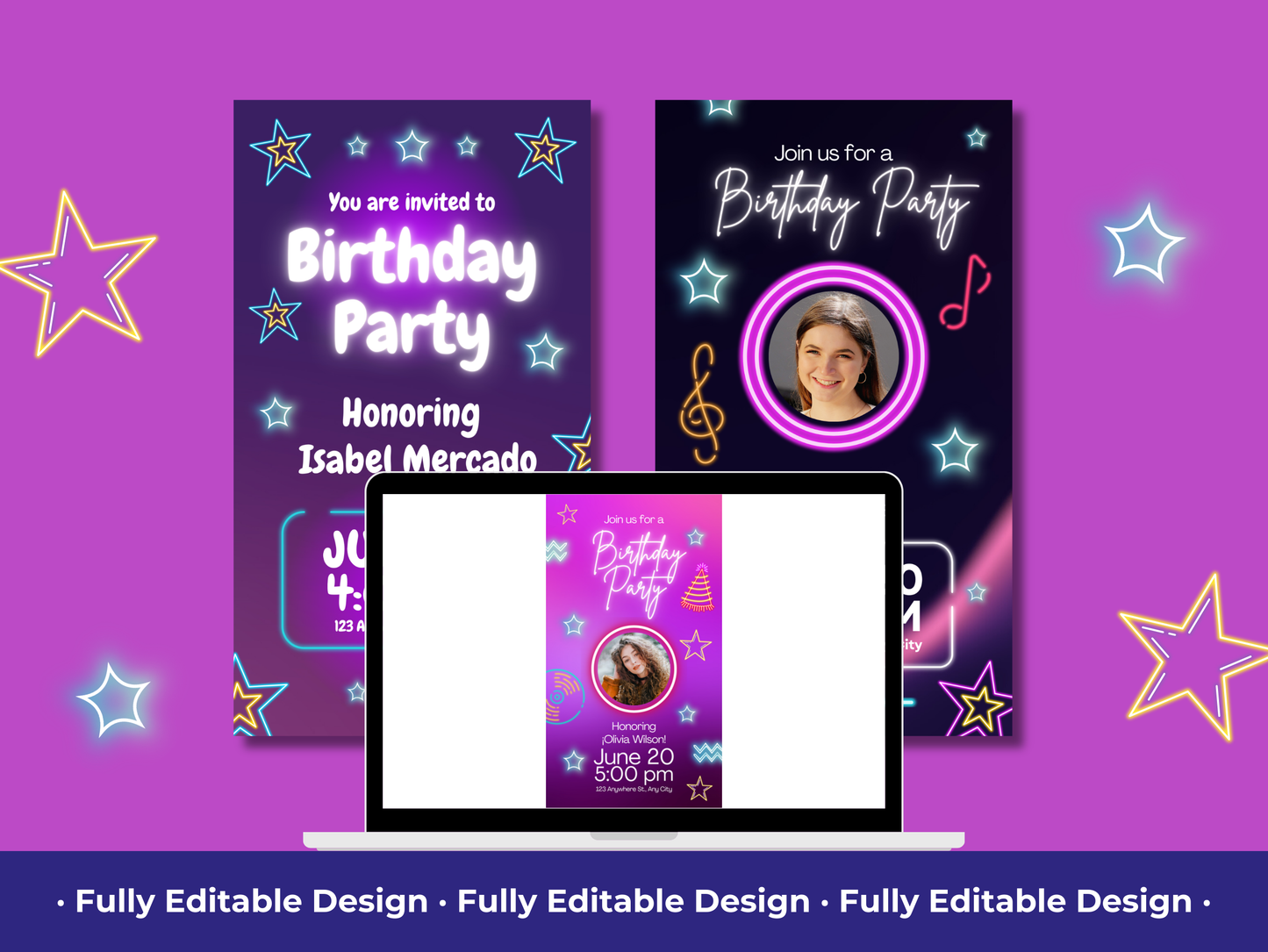 Neon Birthday Party Instagram Story Templates Canva Editable Birthday Animated Invitations Social Media Birthday Party Celebration Template