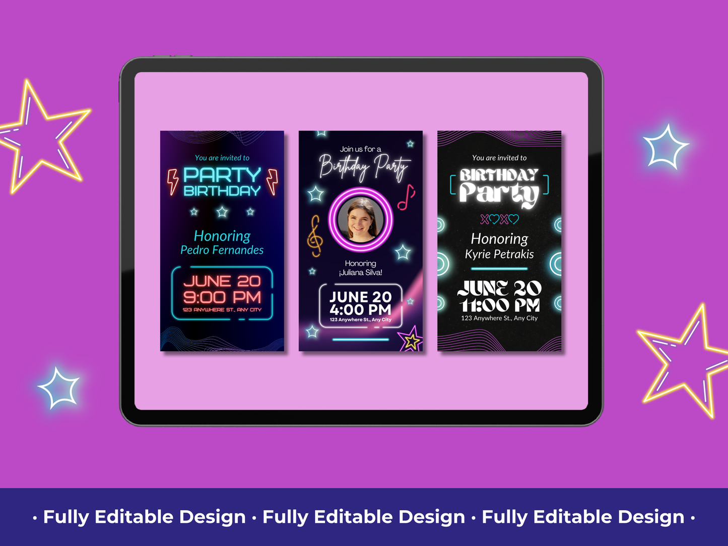 Neon Birthday Party Instagram Story Templates Canva Editable Birthday Animated Invitations Social Media Birthday Party Celebration Template