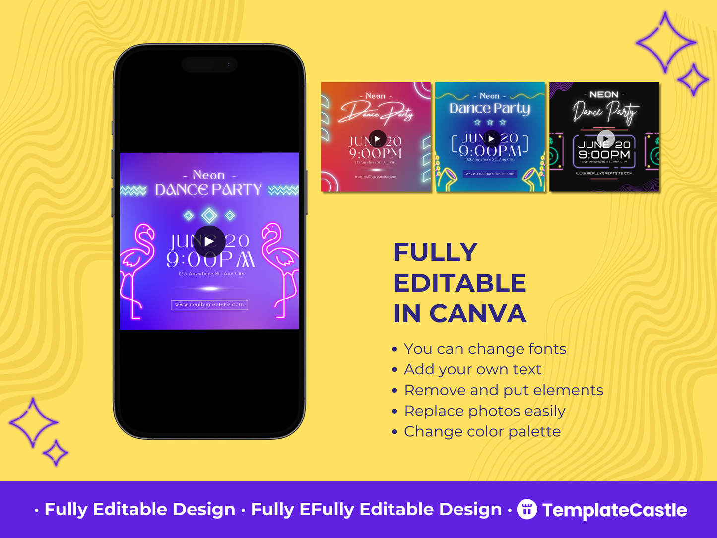 Neon Dance Party Instagram Post Templates Canva Editable Social Media Party Invitation Templates Nightlife Event Celebration Templates