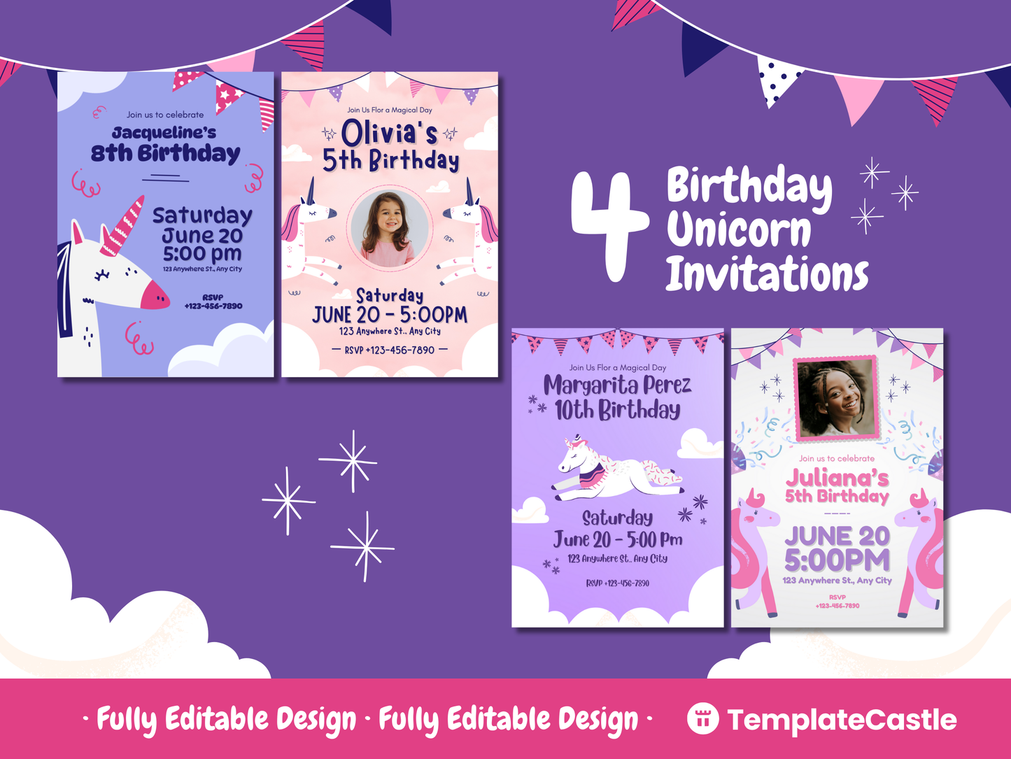 Unicorn Birthday Invitations Templates Canva Editable Happy Birthday Templates Printable Birthday Party Invites Templates Instant Download