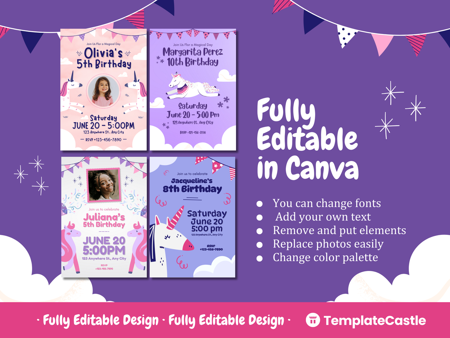 Unicorn Birthday Invitations Templates Canva Editable Happy Birthday Templates Printable Birthday Party Invites Templates Instant Download