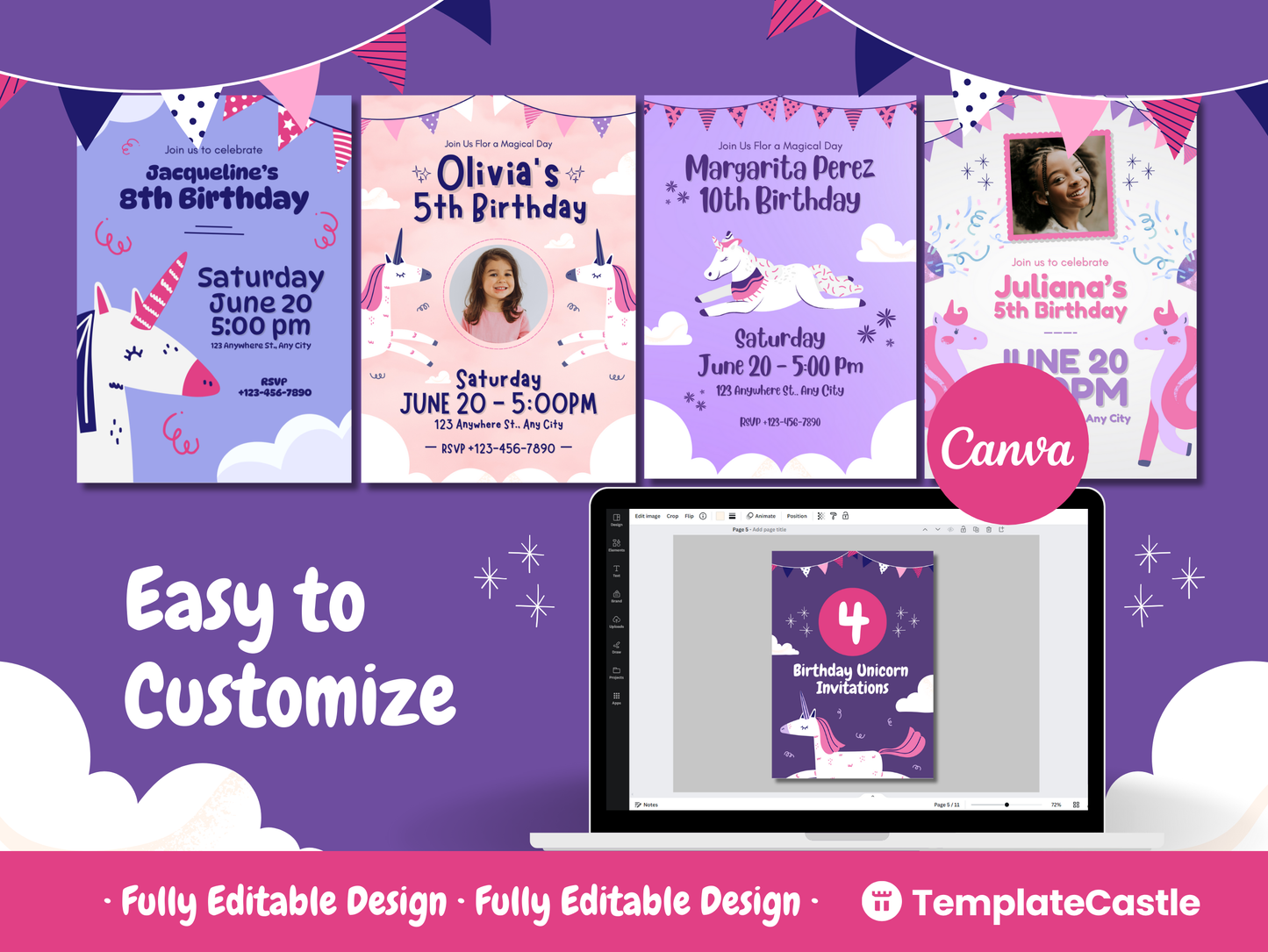 Unicorn Birthday Invitations Templates Canva Editable Happy Birthday Templates Printable Birthday Party Invites Templates Instant Download