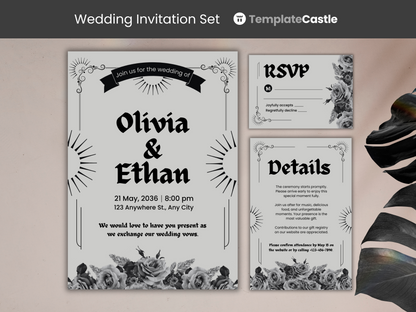 Wedding Invitation Set Gothic And Romantic Customizable Canva Template