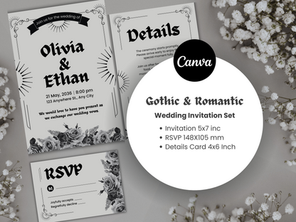 Wedding Invitation Set Gothic And Romantic Customizable Canva Template