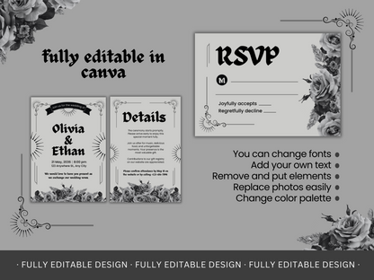 Wedding Invitation Set Gothic And Romantic Customizable Canva Template