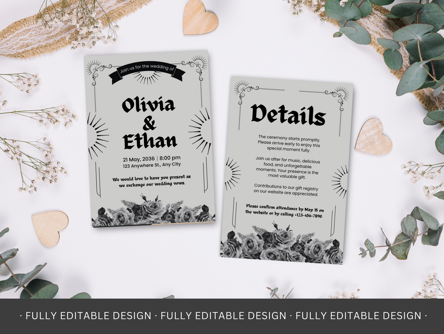 Wedding Invitation Set Gothic And Romantic Customizable Canva Template