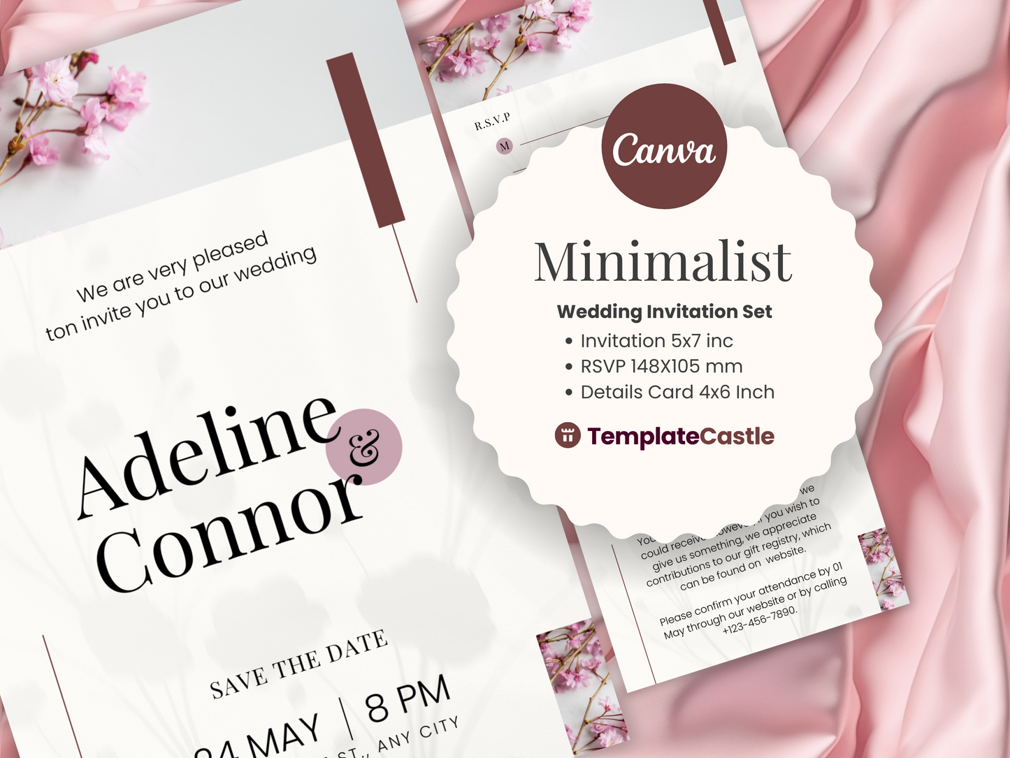 Floral Wedding Invitation Set - Minimalist And Elegant Canva Template for Modern Couples