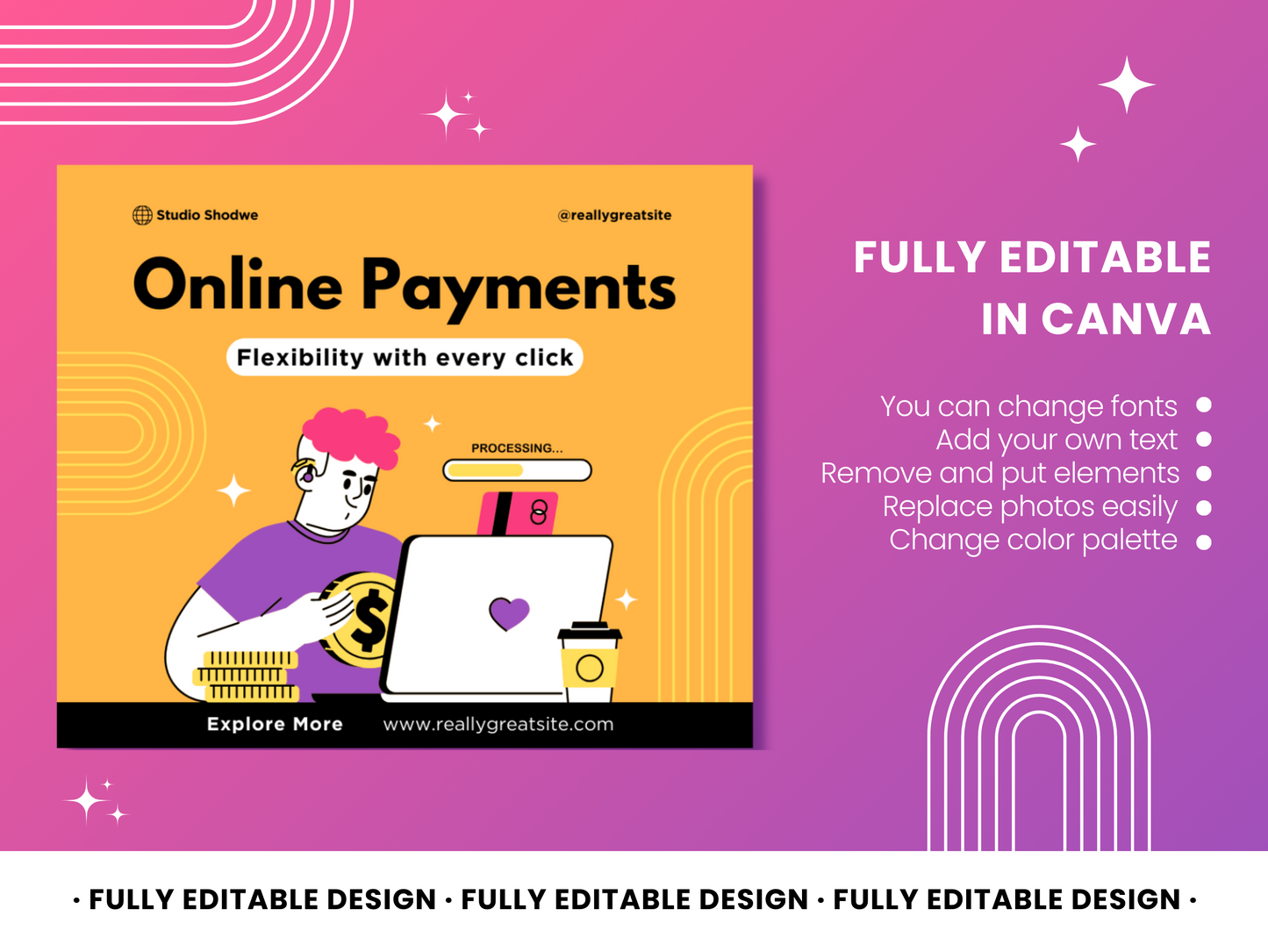 Online Payments Canva Template - Engaging Financial Service E-commerce Editable Design