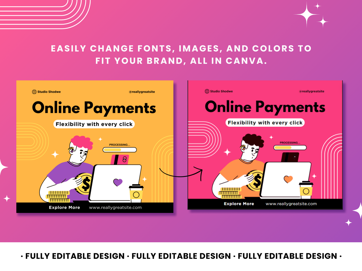 Online Payments Canva Template - Engaging Financial Service E-commerce Editable Design