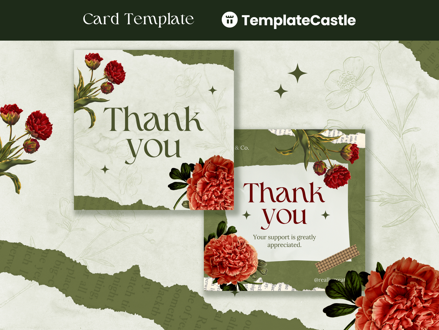 Elegant Vintage Floral Thank You Canva Template - Customizable Gratitude Card Design with Botanical Illustrations