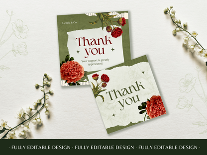 Elegant Vintage Floral Thank You Canva Template - Customizable Gratitude Card Design with Botanical Illustrations