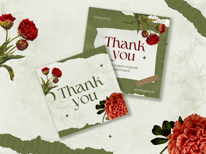 Elegant Vintage Floral Thank You Canva Template - Customizable Gratitude Card Design with Botanical Illustrations