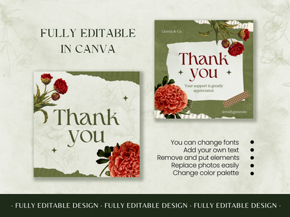 Elegant Vintage Floral Thank You Canva Template - Customizable Gratitude Card Design with Botanical Illustrations