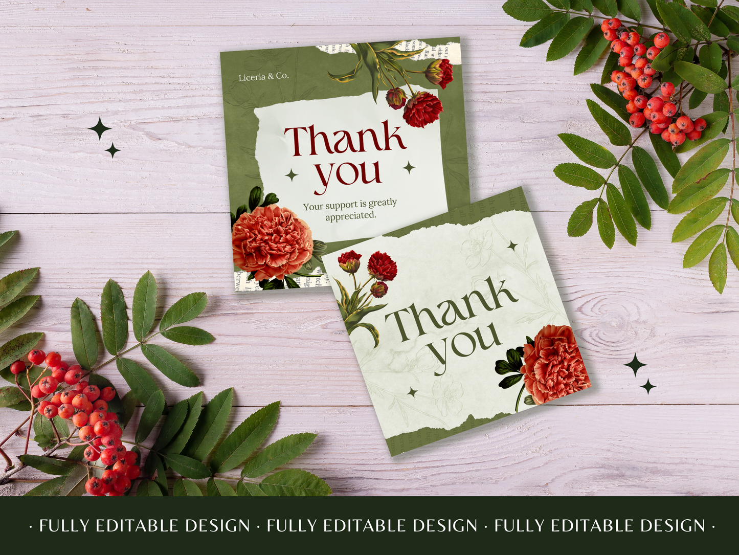 Elegant Vintage Floral Thank You Canva Template - Customizable Gratitude Card Design with Botanical Illustrations