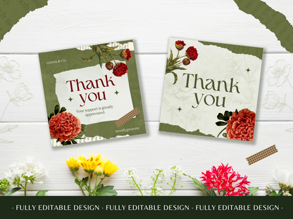 Elegant Vintage Floral Thank You Canva Template - Customizable Gratitude Card Design with Botanical Illustrations