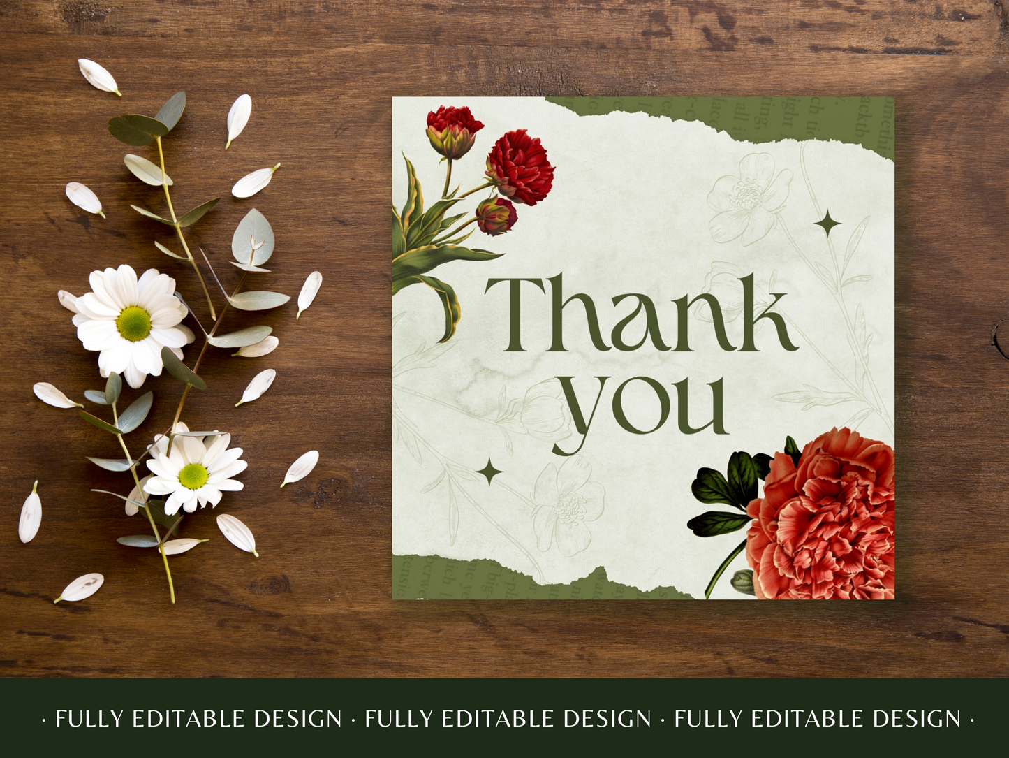 Elegant Vintage Floral Thank You Canva Template - Customizable Gratitude Card Design with Botanical Illustrations