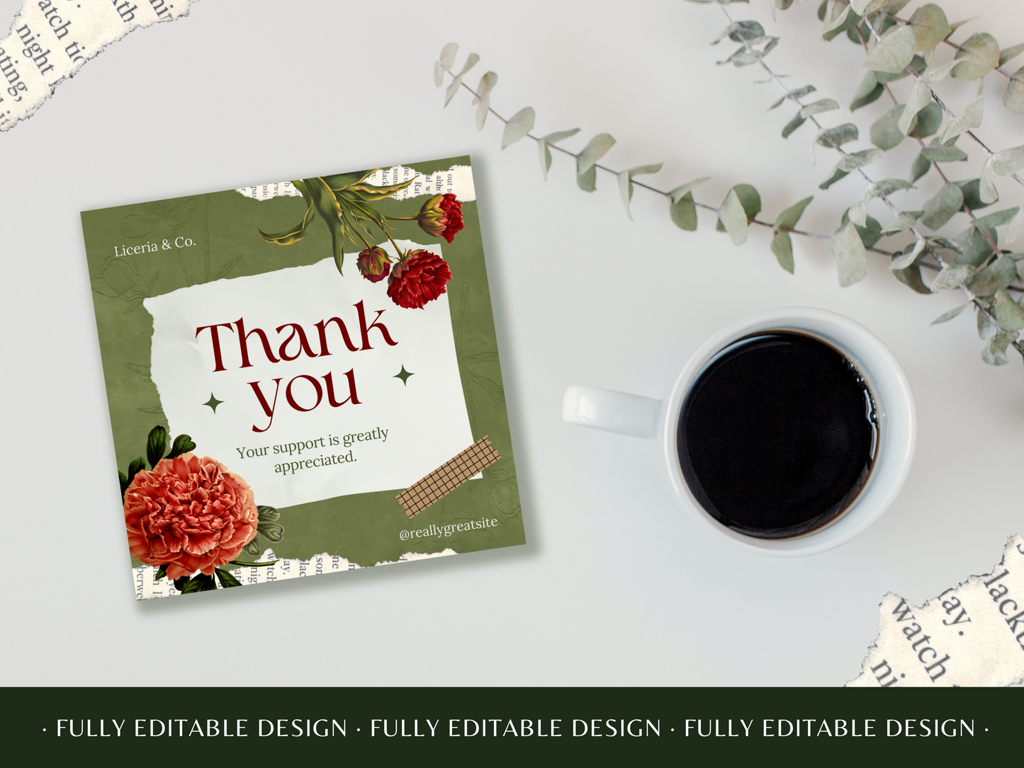 Elegant Vintage Floral Thank You Canva Template - Customizable Gratitude Card Design with Botanical Illustrations