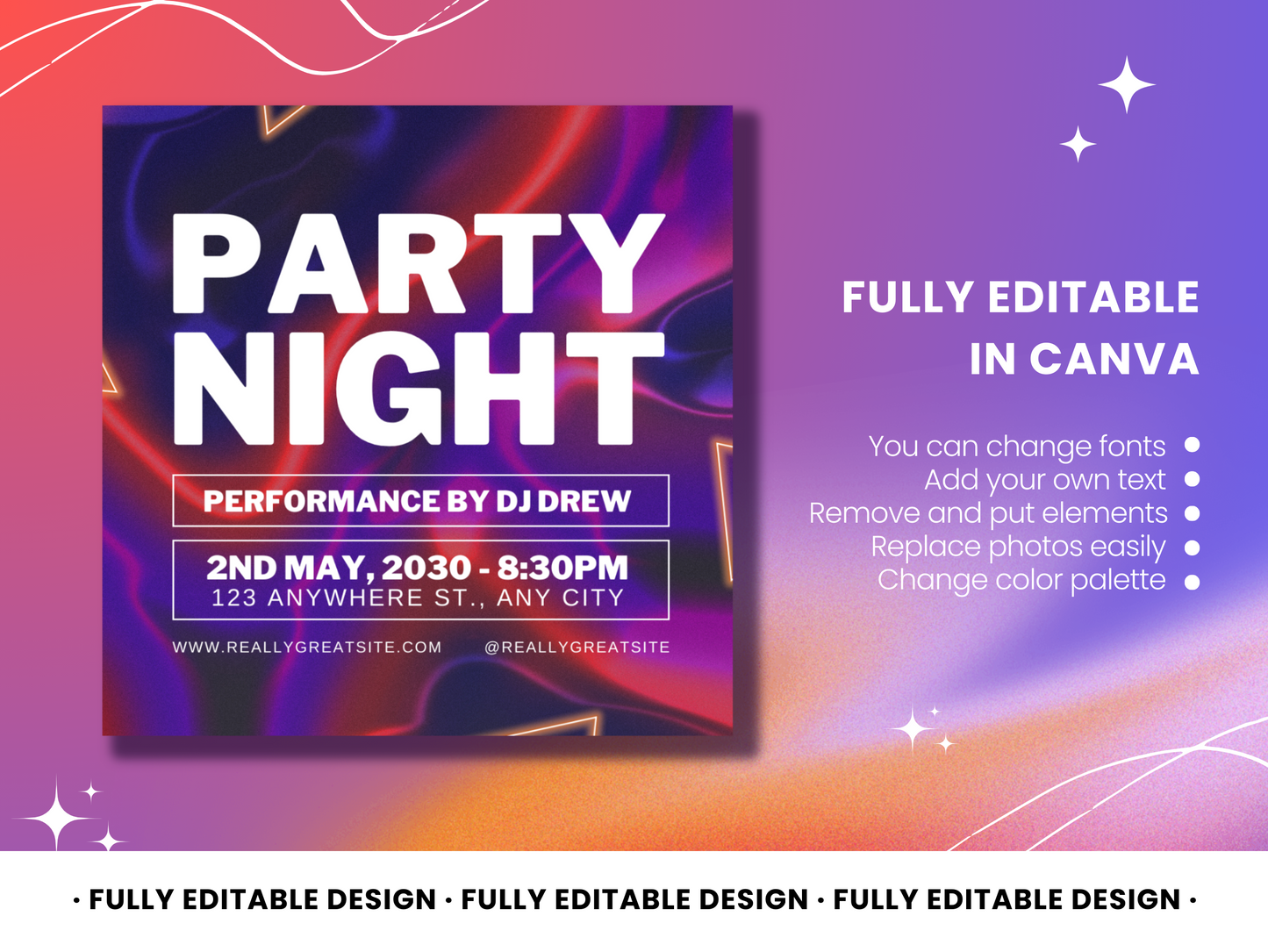 Party Night Social Media Canva Post Template - Fully Editable, Perfect for Event Announcements