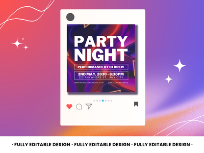 Party Night Social Media Canva Post Template - Fully Editable, Perfect for Event Announcements