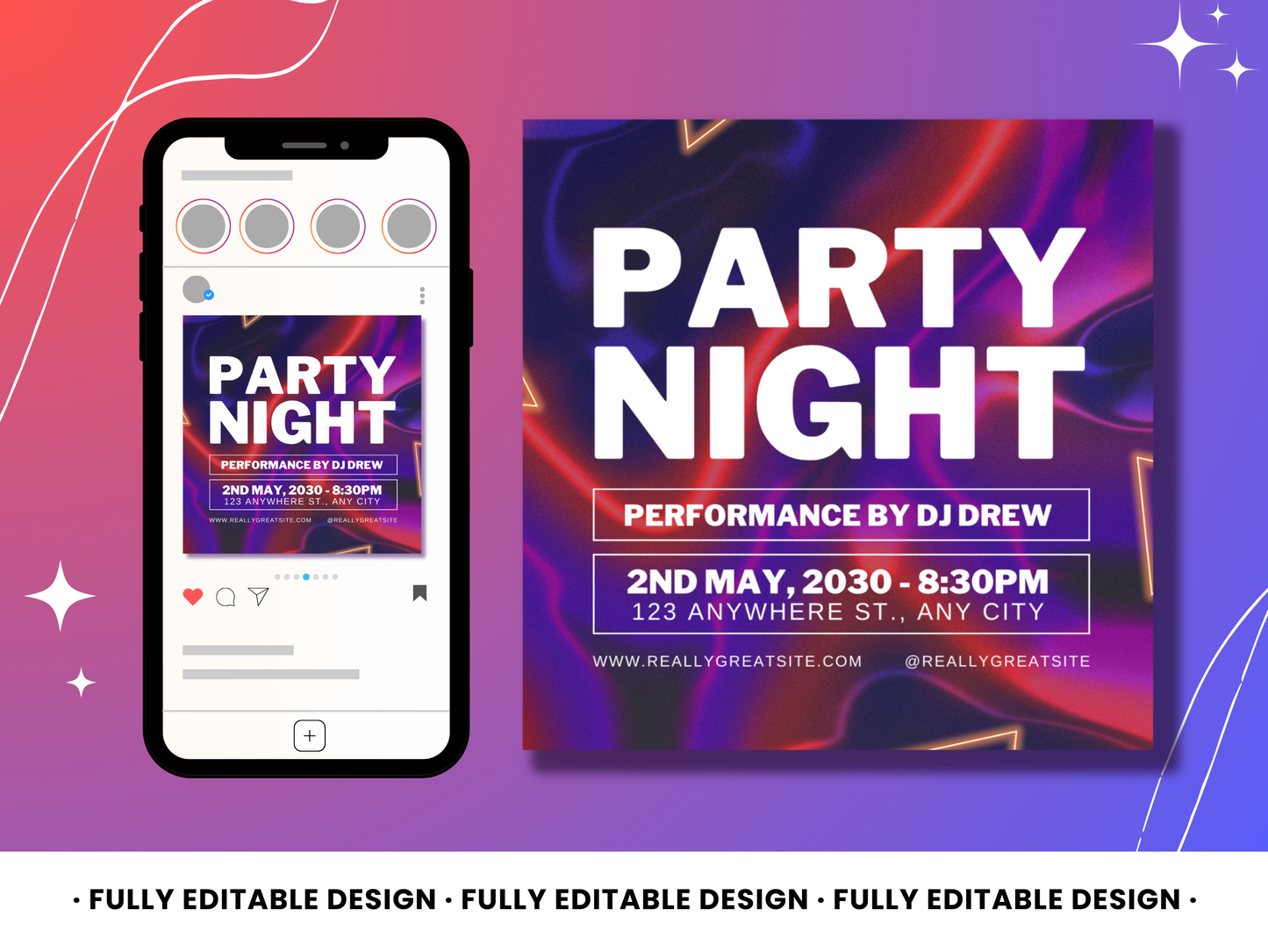 Party Night Social Media Canva Post Template - Fully Editable, Perfect for Event Announcements