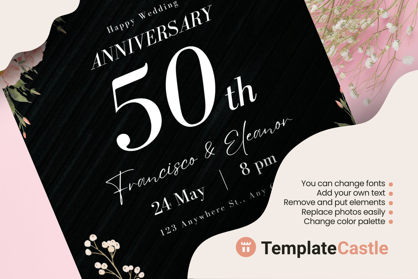 50 Wedding Anniversary Canva Template - Elegant Floral Celebration Invitation Design