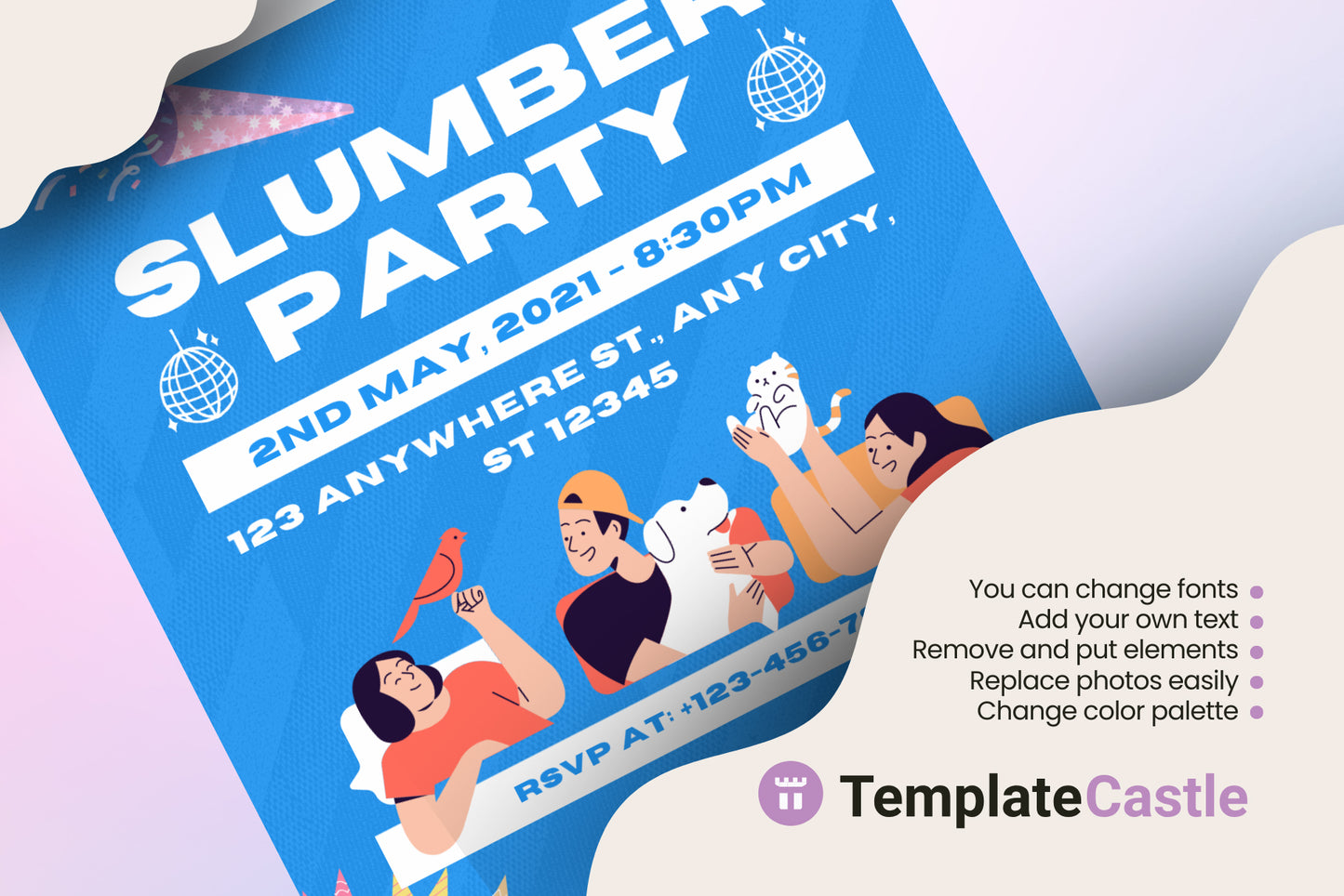 Pet-Friendly Slumber Party Canva Invitation Template - Editable & Whimsical Sleepover Invite Design